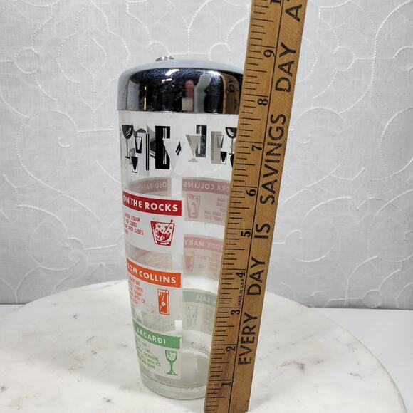 Vintage MCM Glass Cocktail Recipe Shaker 9" Silver Clear Liquor Drink Mixer - Picture 2 of 14